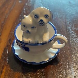 Vintage Delft Blue Mini Teacup with Cat and Dog